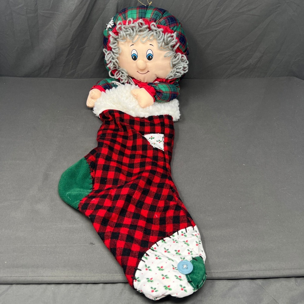 VTG Mrs Claus Granny Christmas Stocking 26" Red Green Plaid Patch Fun World